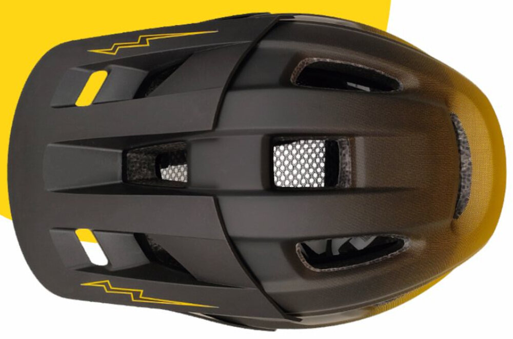 Kask XRIDER XRFH002M Czarno-żółty Full Face z odkręcaną szczęką (rozmiar M) kask na biało-żółtym tle widoczny z góry poliwęglanowa skorupa wysoka wytrzymałość na uderzenia bezpieczeństwo w trudnych sytuacjach terenowych wewnętrzna warstwa EPS pochłania energię powstającą podczas uderzenia waga 500 g