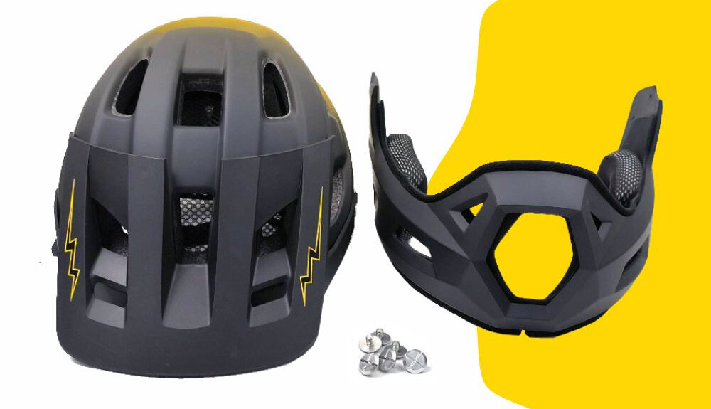 Kask XRIDER XRFH002M Czarno-żółty Full Face z odkręcaną szczęką (rozmiar M) zestaw na biało-żółtym tle w zestawie kask odkręcana szczęka śruby dokumentacja