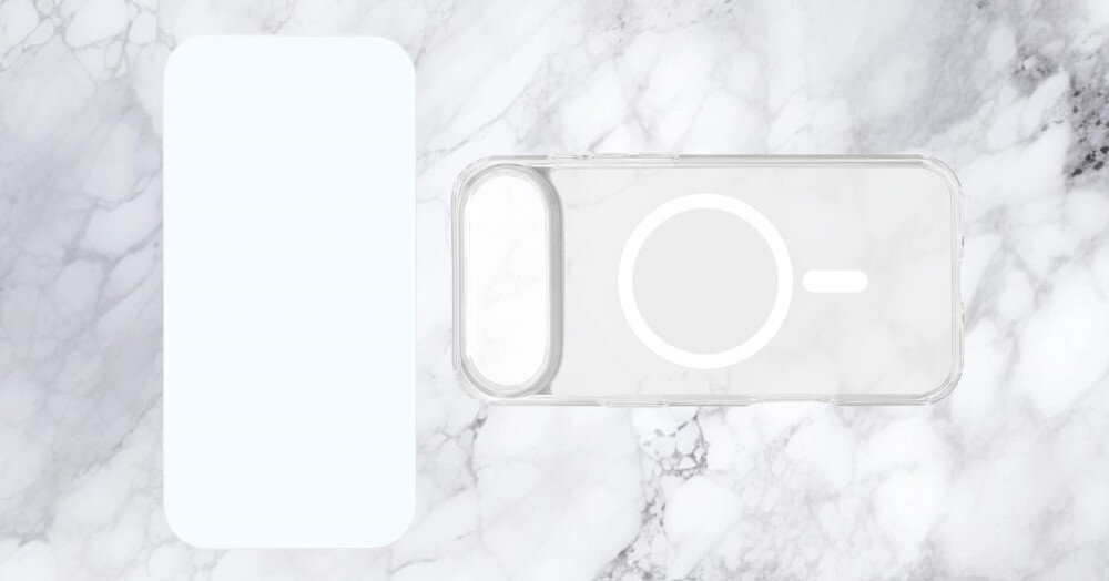 Zestaw ochronny zaprezentowany z opakowaniem producenta, smartfonem w etui oraz dodatkowymi elementami ochronnymi