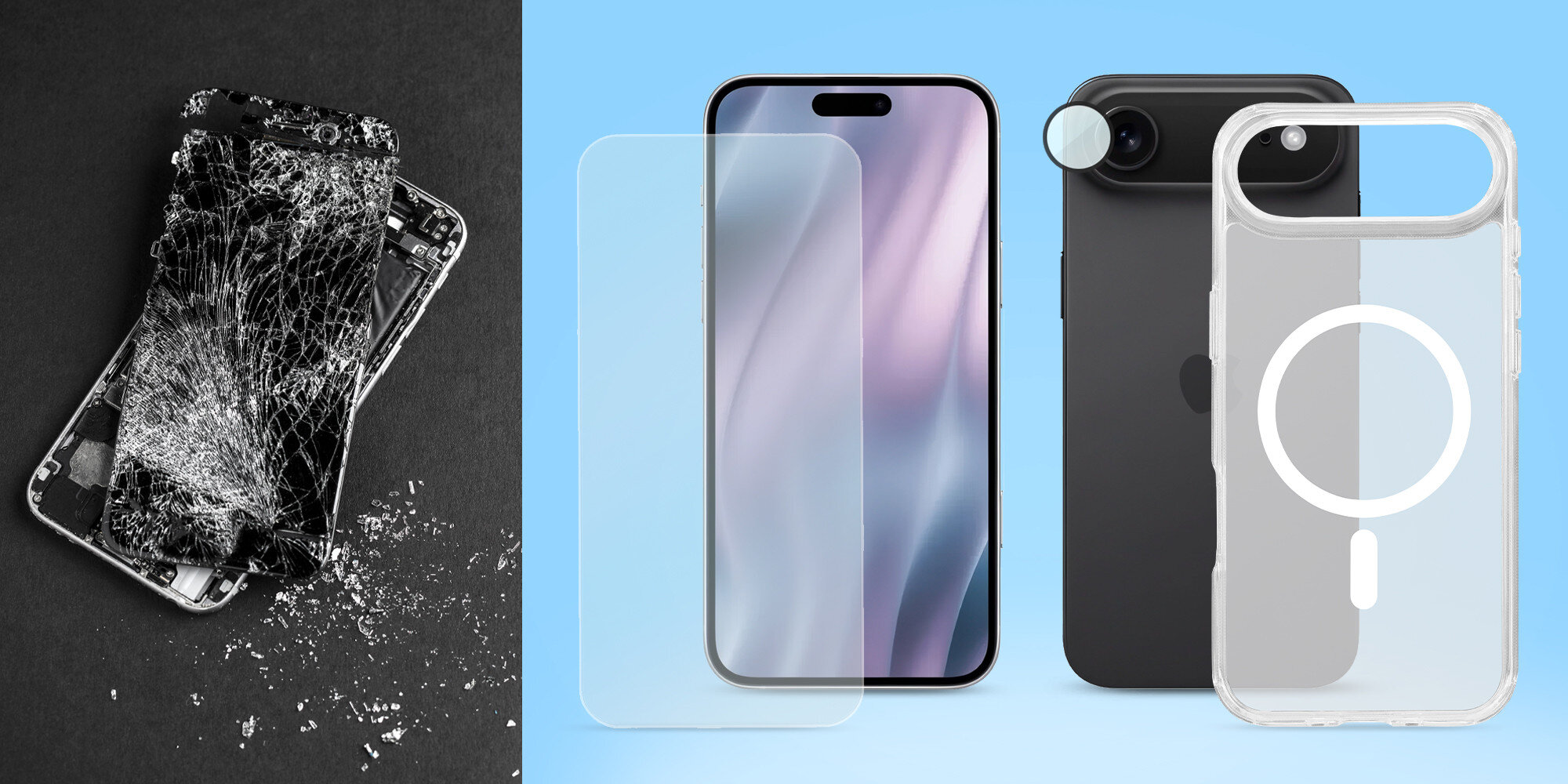 Porównanie uszkodzonego ekranu telefonu z kompletnym zestawem ochronnym obejmującym szkło, etui i osłony aparatów