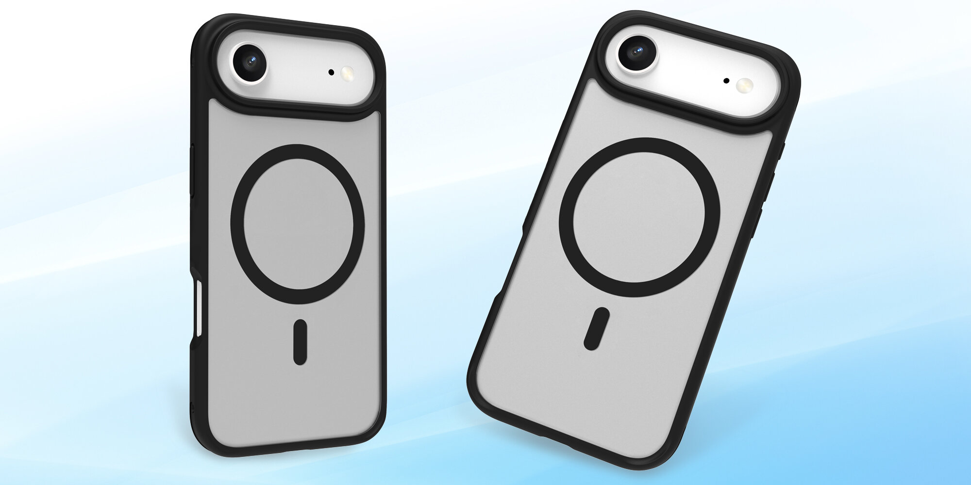 Dwa smartfony z założonym etui widziane z tyłu, podkreślone półprzezroczyste plecki oraz wyspa aparatów