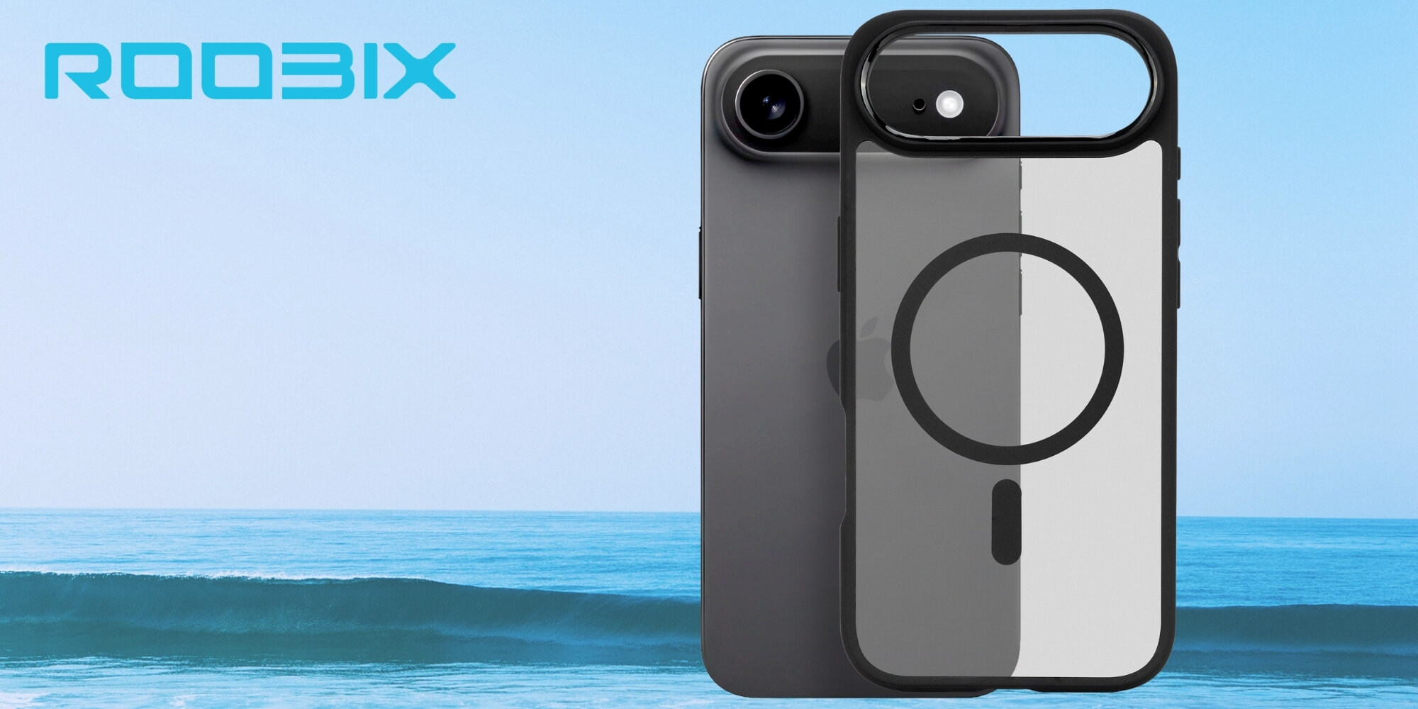 Smartfon oraz etui obok siebie, widoczna konstrukcja plecków i ramki aparatu na tle morza