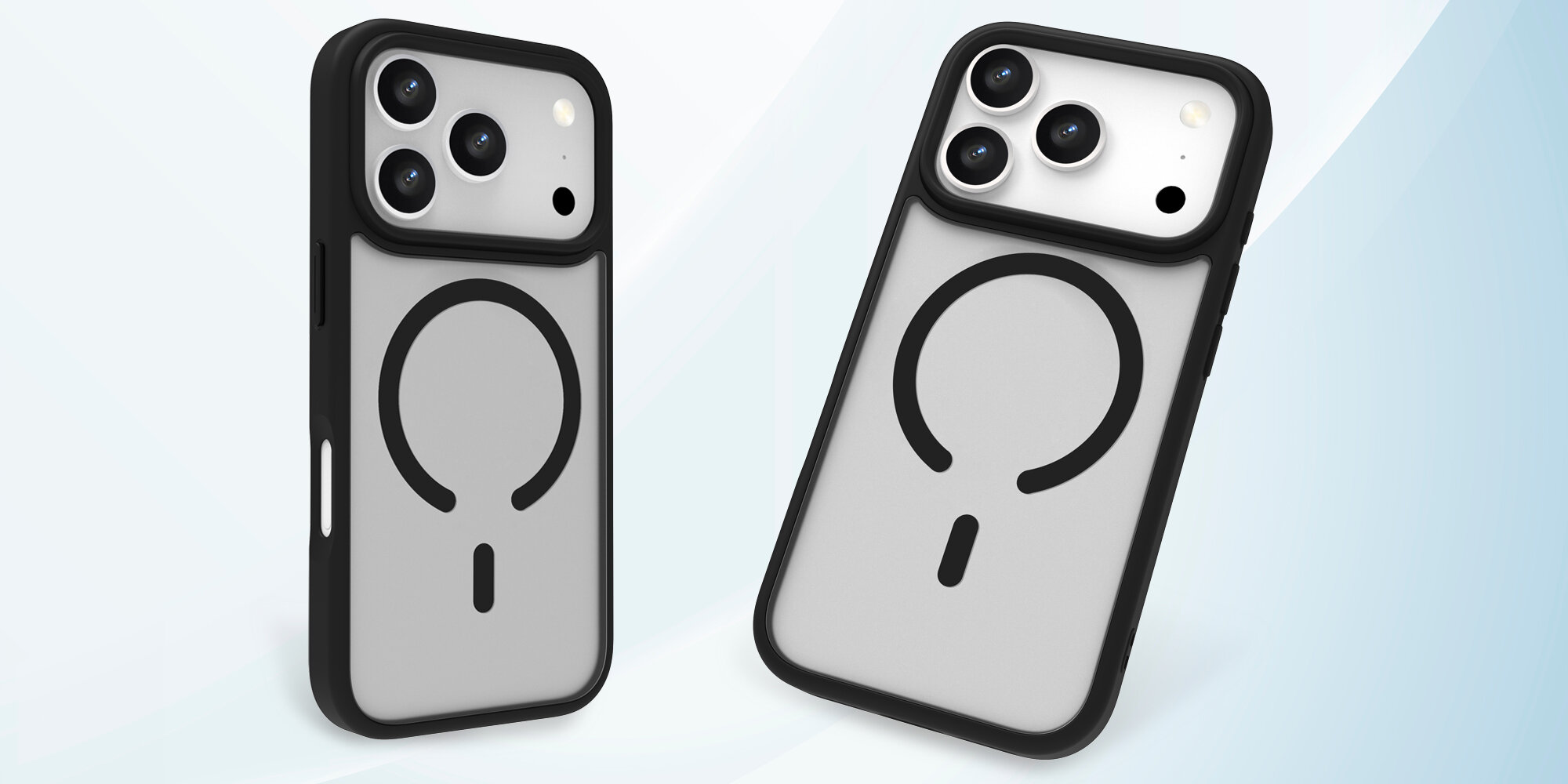 Dwa smartfony z założonym etui widziane z tyłu, podkreślone półprzezroczyste plecki oraz wyspa aparatów