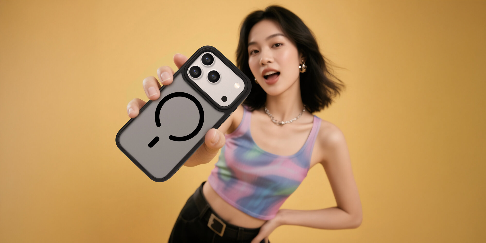 Kobieta trzyma smartfon z założonym etui, widoczny tył telefonu i magnetyczny pierścień MagSafe