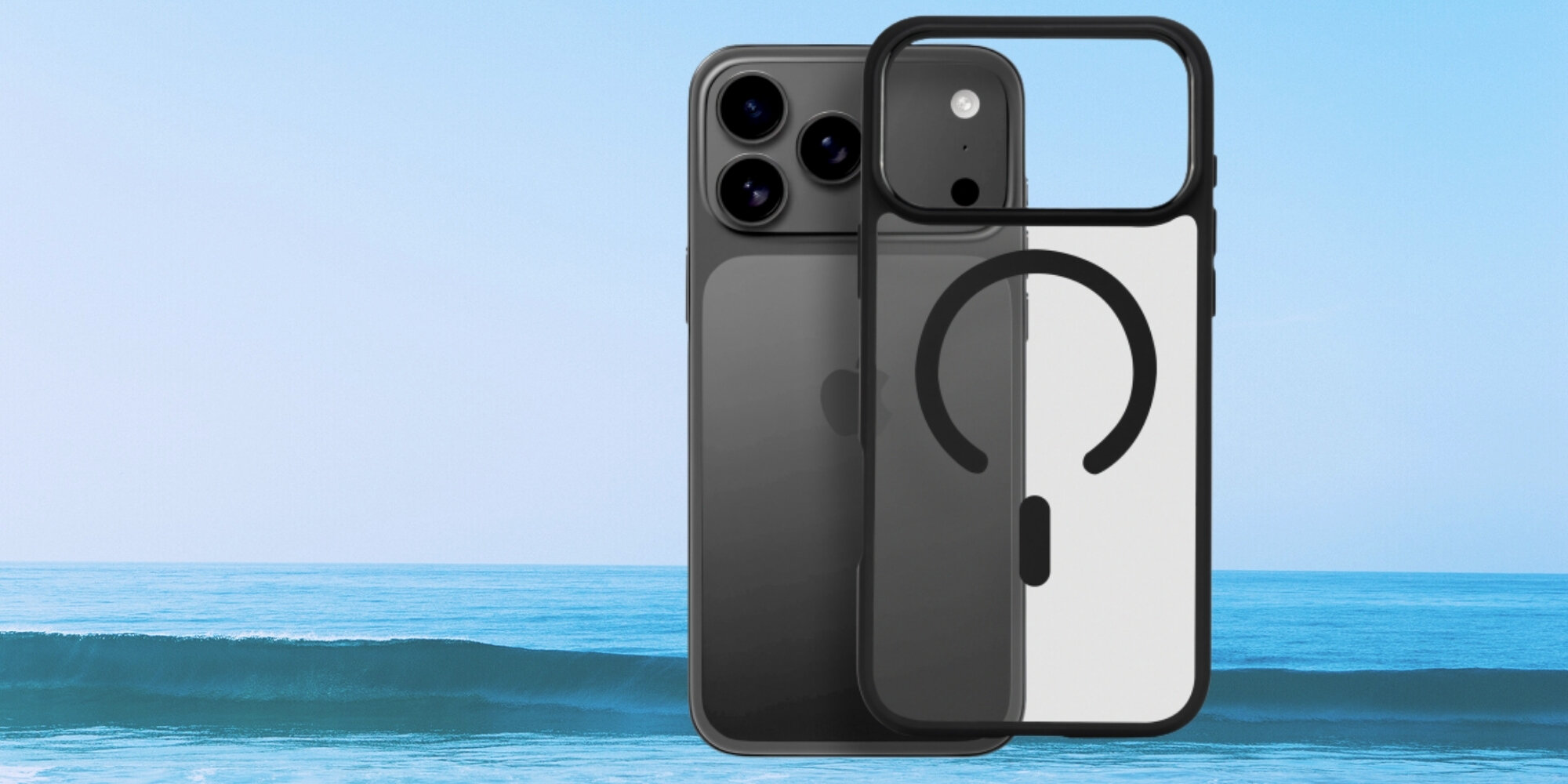 Smartfon oraz etui obok siebie, widoczna konstrukcja plecków i ramki aparatu na tle morza