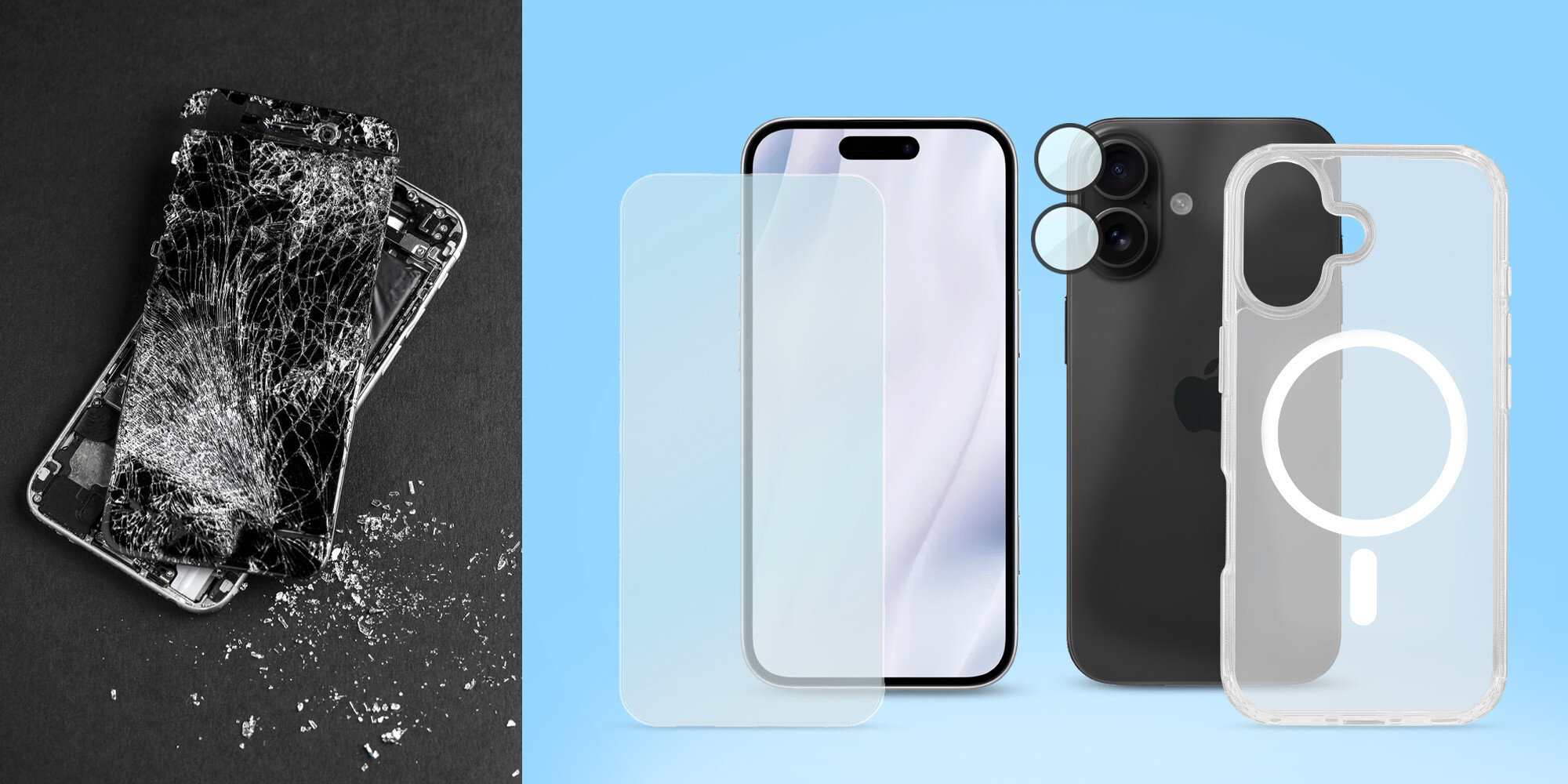 Porównanie uszkodzonego ekranu telefonu z kompletnym zestawem ochronnym obejmującym szkło, etui i osłony aparatów