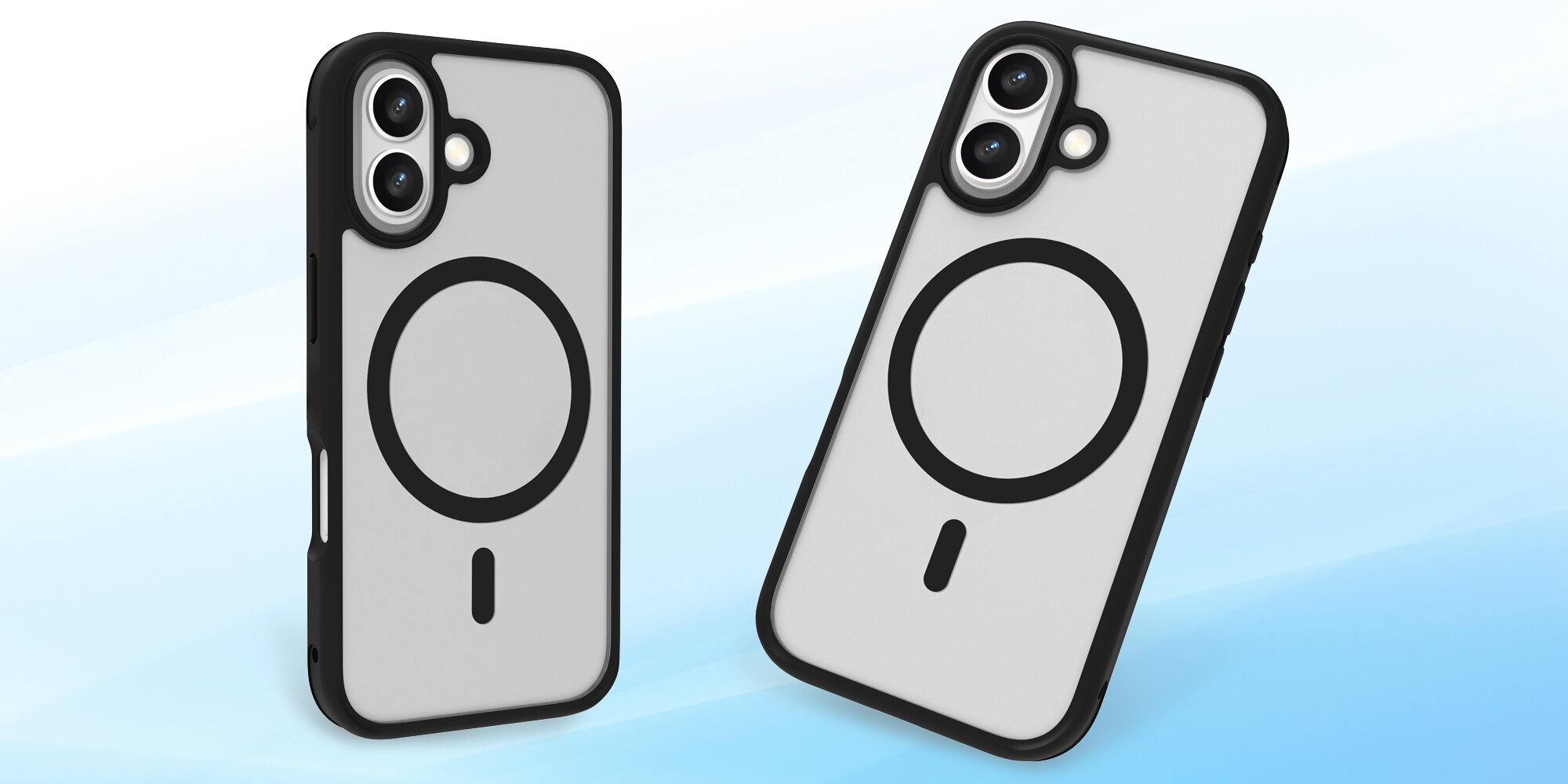 Dwa smartfony z założonym etui widziane z tyłu, podkreślone półprzezroczyste plecki oraz wyspa aparatów