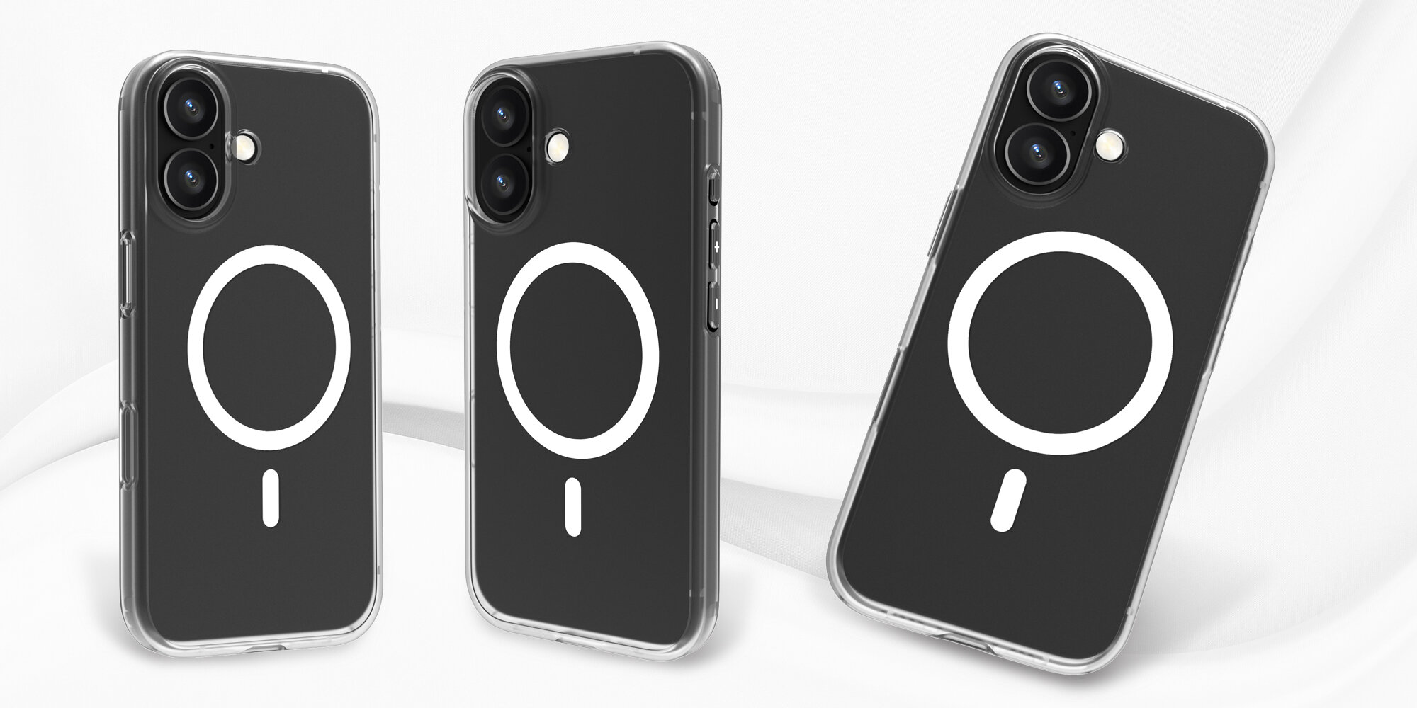 Trzy smartfony w przezroczystych etui pokazane pod różnymi kątami, widoczny biały pierścień MagSafe na pleckach