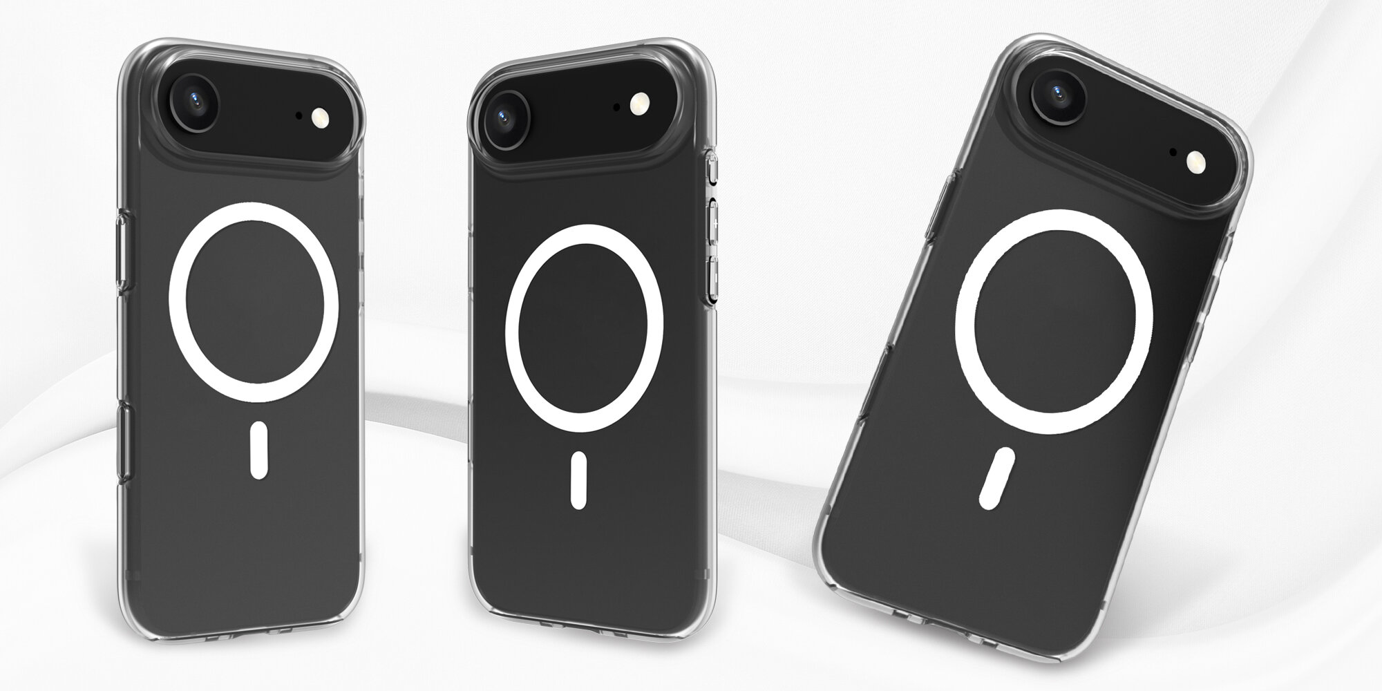 Trzy smartfony w przezroczystych etui pokazane pod różnymi kątami, widoczny biały pierścień MagSafe na pleckach