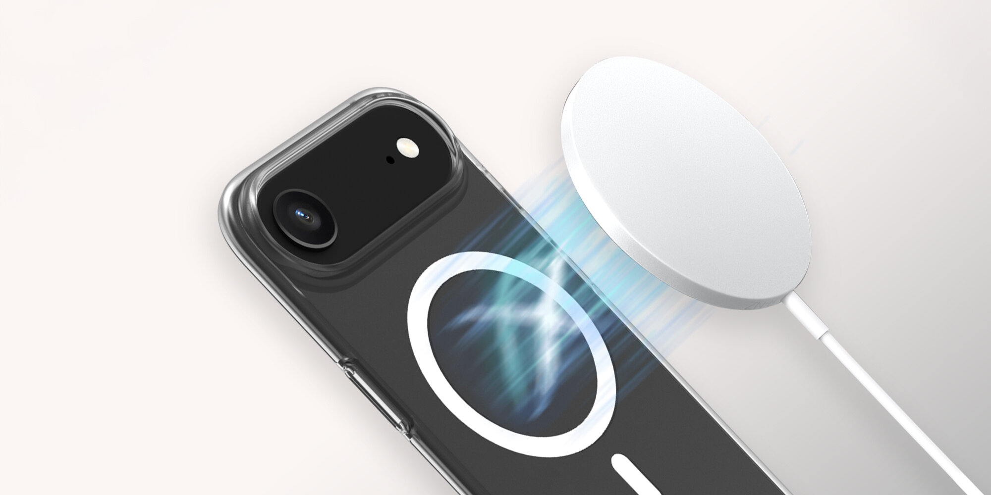 Zbliżenie na tył smartfona w etui z pierścieniem magnetycznym, obok widoczna ładowarka MagSafe podczas bezprzewodowego ładowania