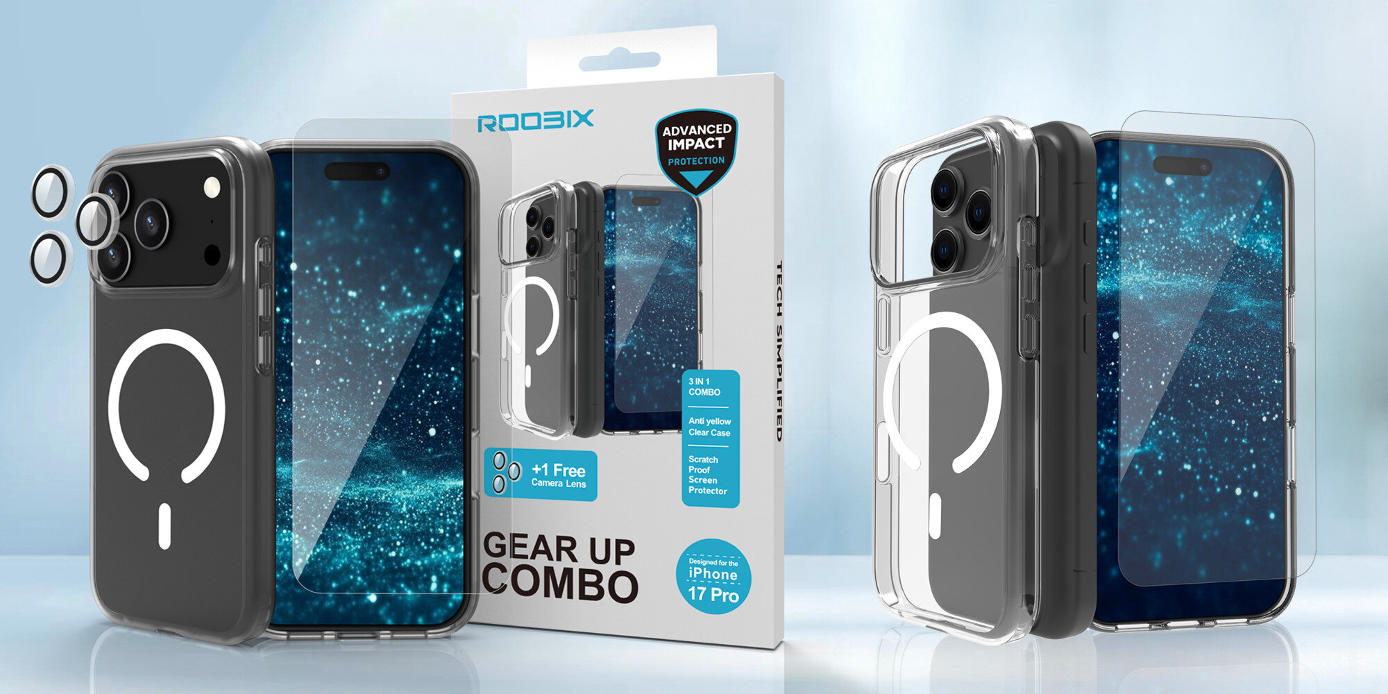 Widok zestawu ochronnego na smartfona z przezroczystym etui, szkłem ochronnym na ekran oraz osłonami obiektywów aparatu