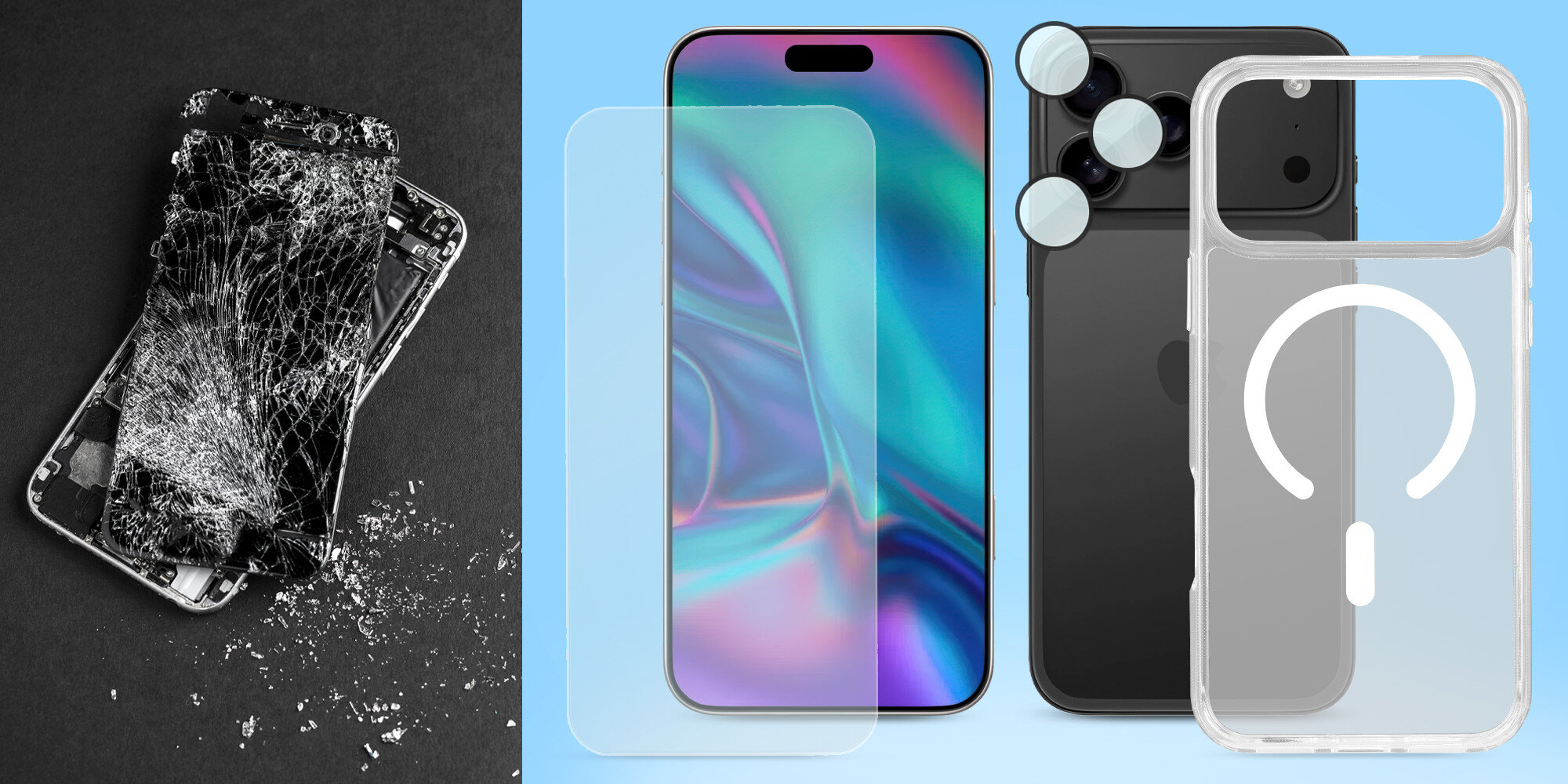 Porównanie uszkodzonego ekranu telefonu z kompletnym zestawem ochronnym obejmującym szkło, etui i osłony aparatów