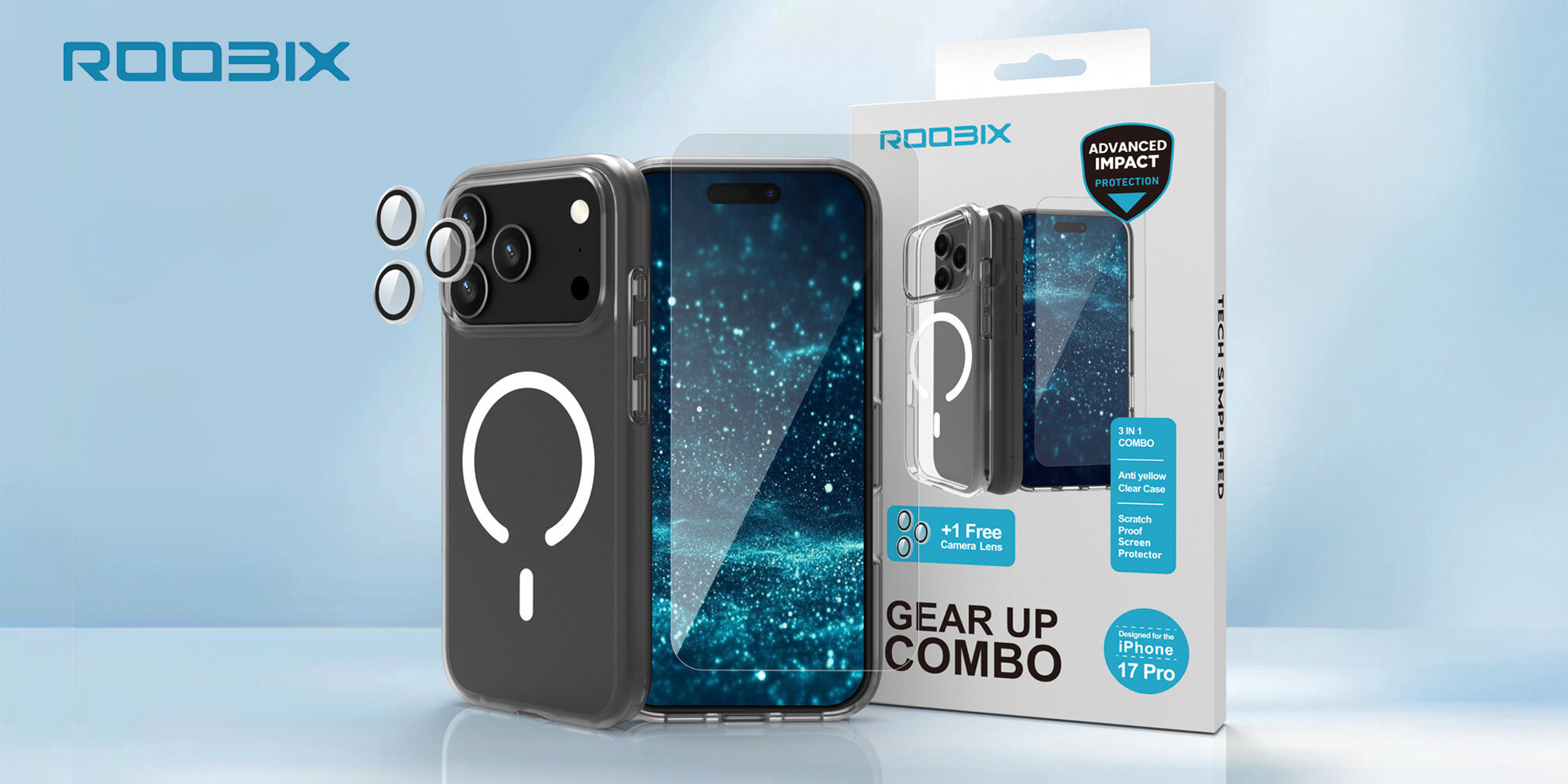 Zestaw ochronny zaprezentowany z opakowaniem producenta, smartfonem w etui oraz dodatkowymi elementami ochronnymi