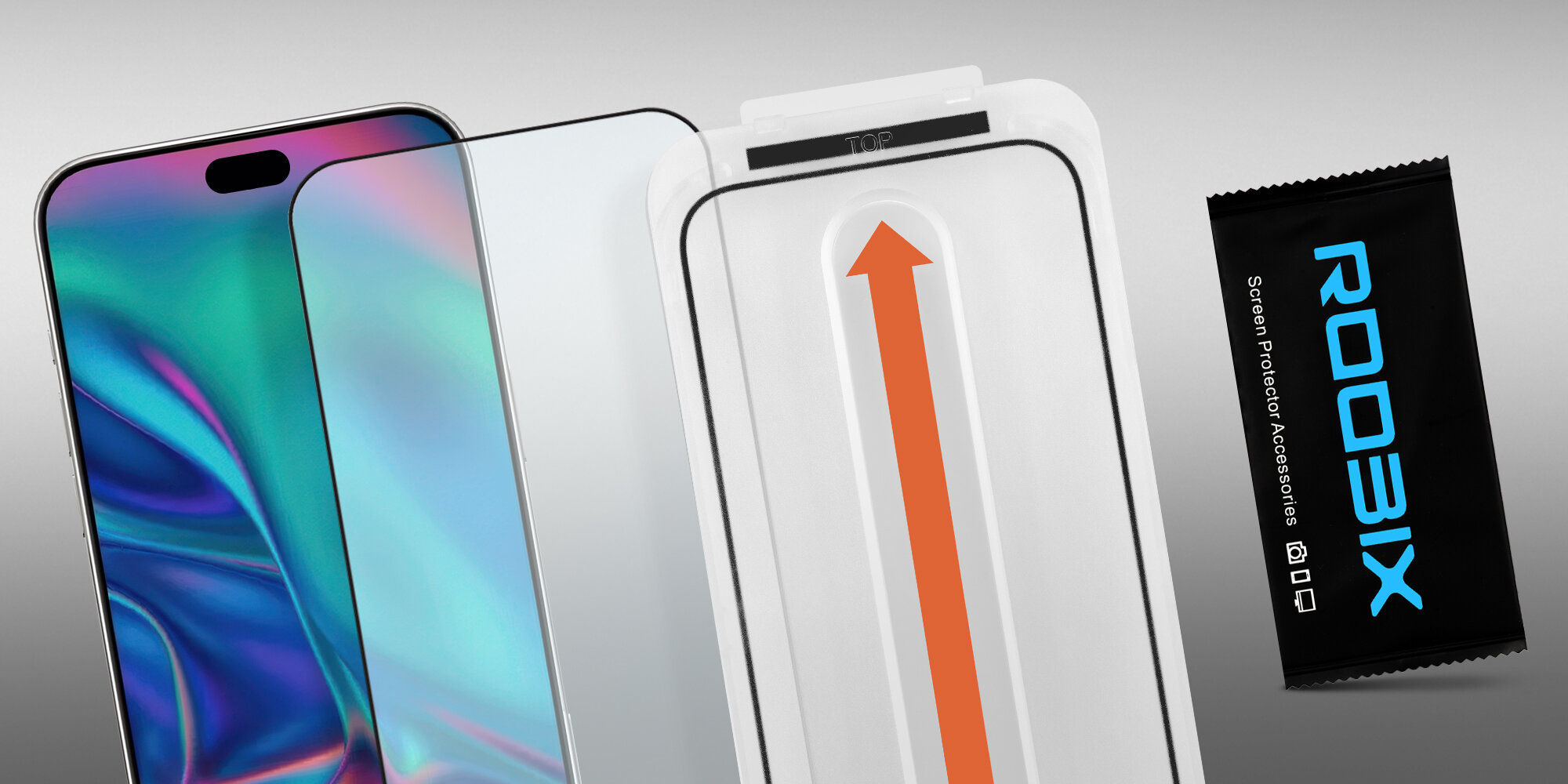 Widok szkła ochronnego obok smartfona, aplikator montażowy z oznaczeniem TOP oraz saszetka z akcesoriami czyszczącymi