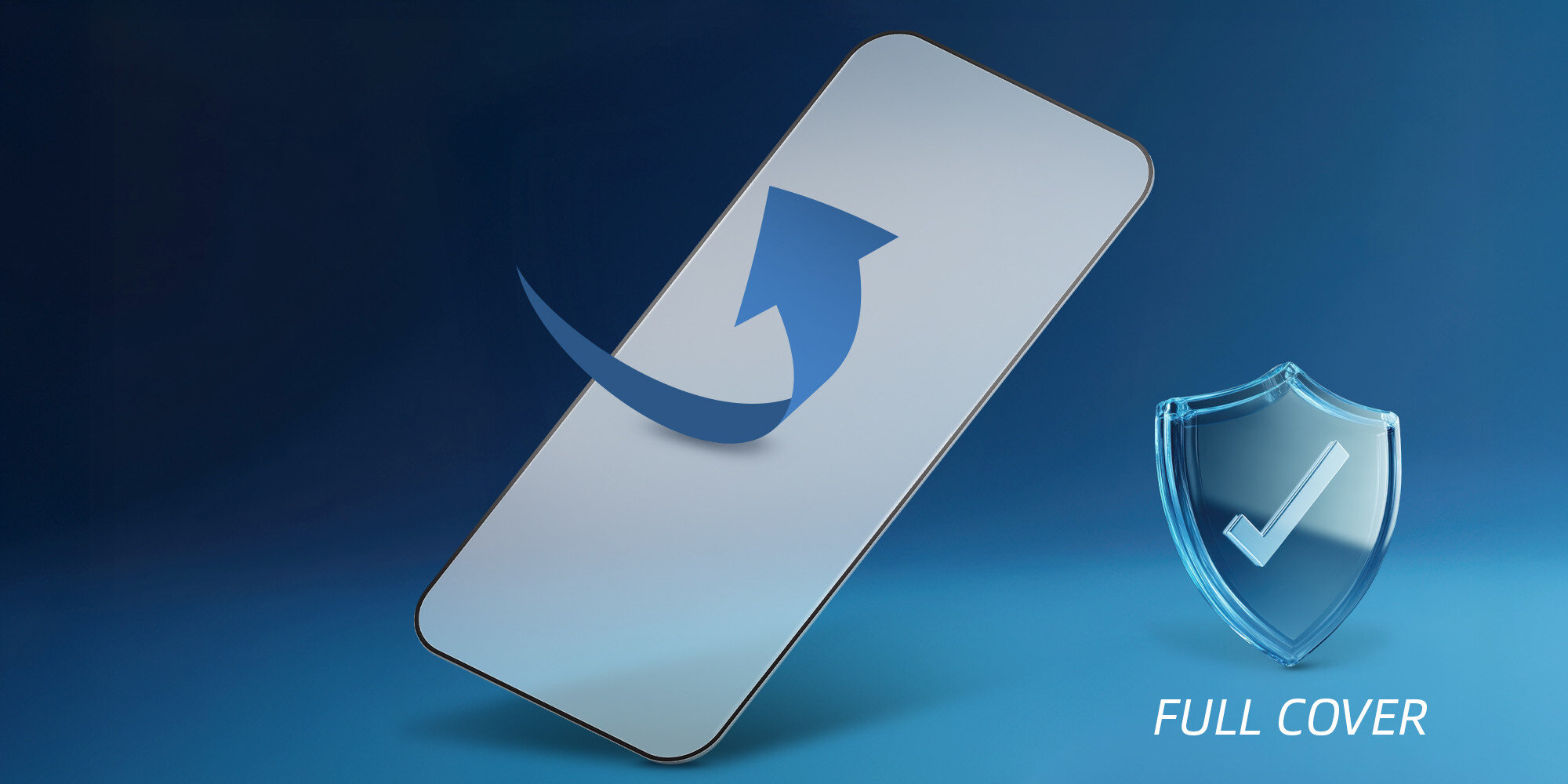 Grafika przedstawiająca smartfon z ikoną tarczy i strzałką, symbolizująca pełną ochronę ekranu typu Full Cover