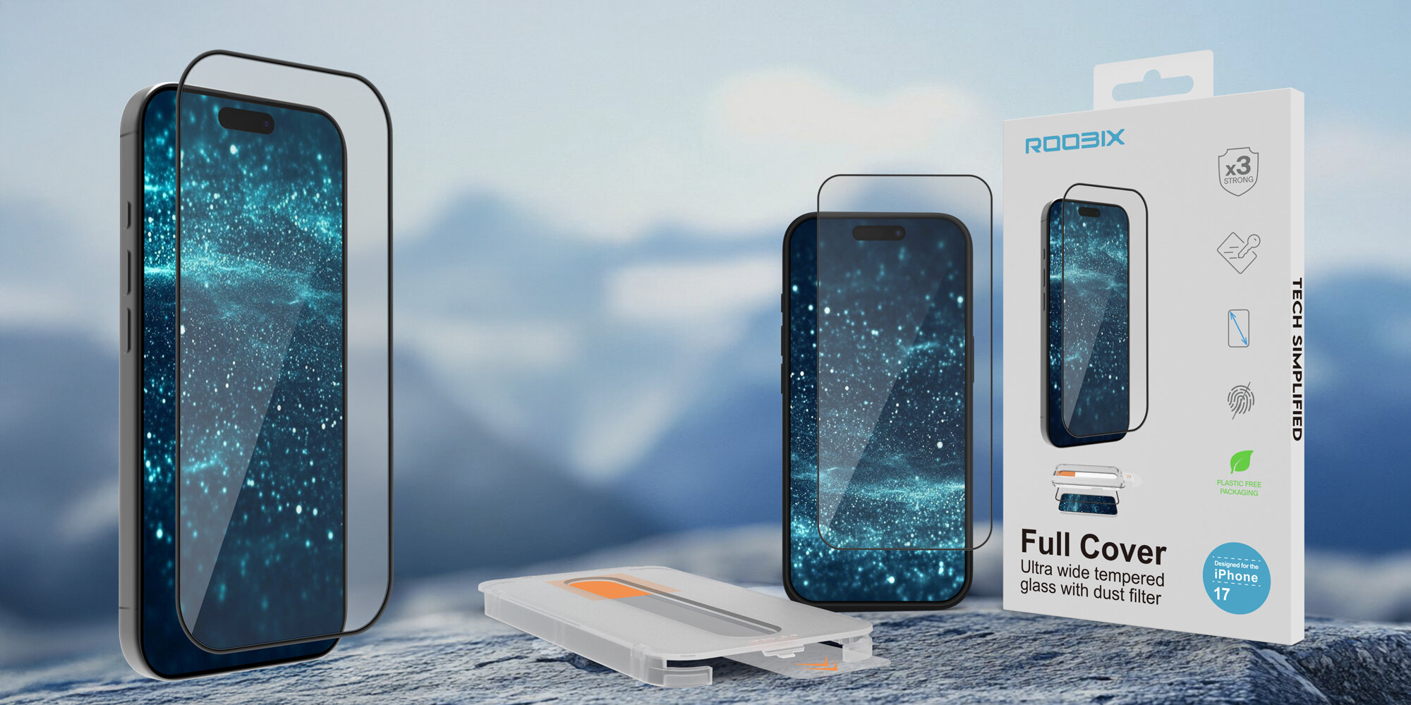 Smartfon z nałożonym szkłem hartowanym Full Cover, obok opakowanie produktu oraz aplikator montażowy na jasnym tle