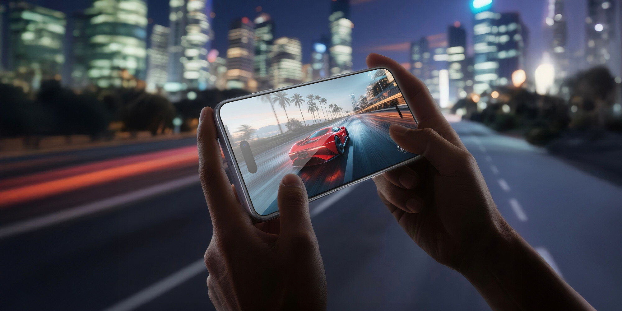 Smartfon trzymany w dłoniach podczas gry wyścigowej, ekran wyświetla dynamiczną scenę na tle nocnego miasta