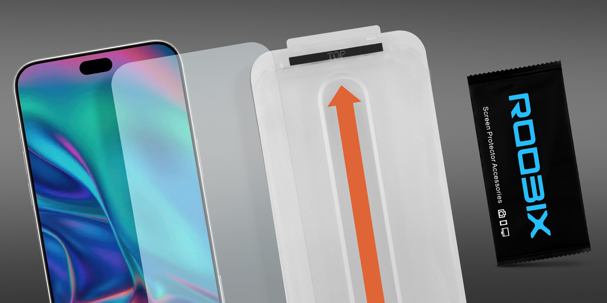 Smartfon z przezroczystym szkłem ochronnym oraz aplikator montażowy i zestaw czyszczący ułożone obok siebie