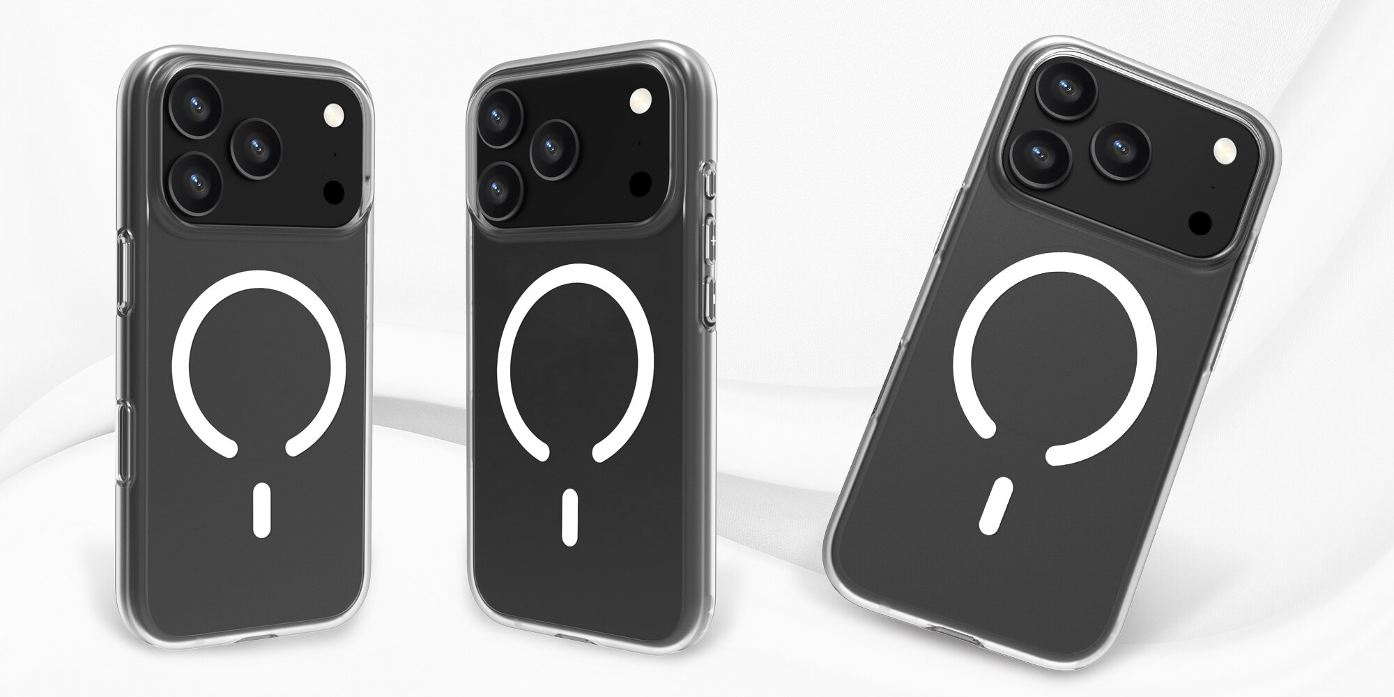 Trzy smartfony w przezroczystych etui pokazane pod różnymi kątami, widoczny biały pierścień MagSafe na pleckach