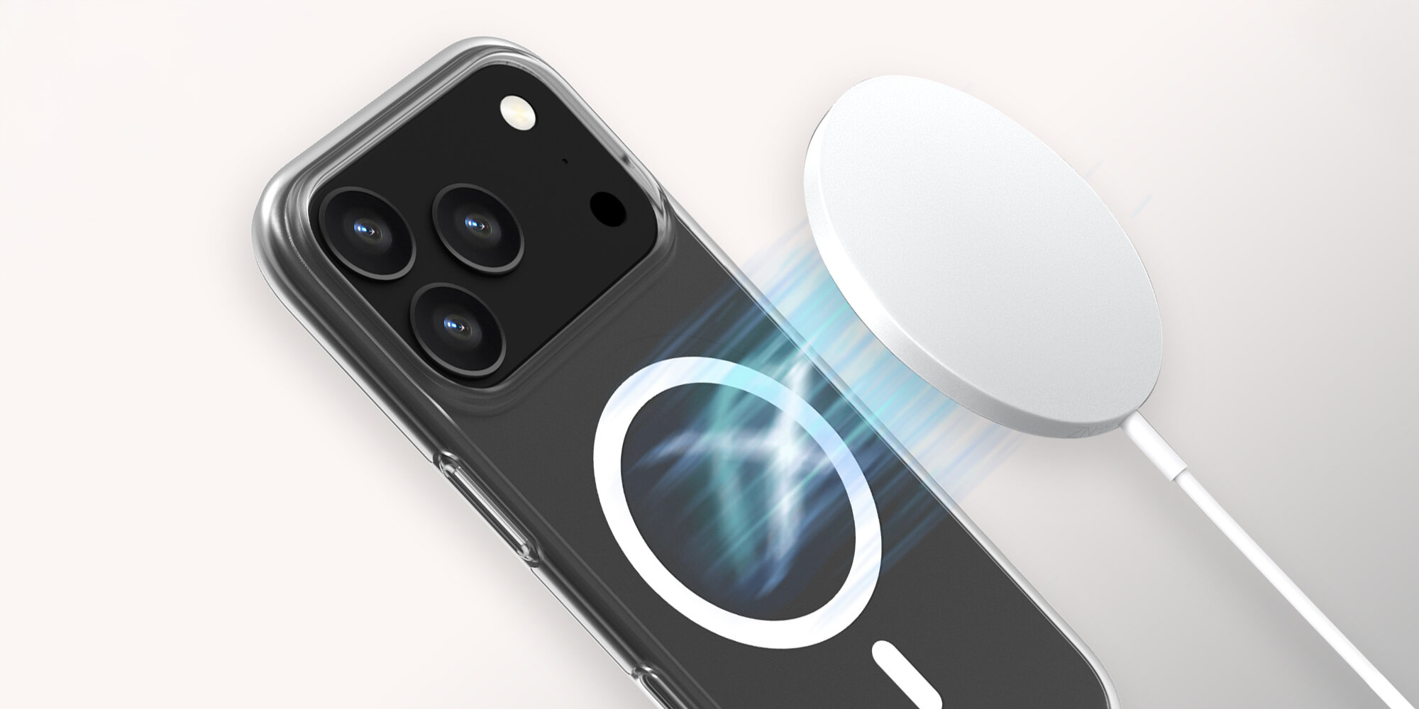 Zbliżenie na tył smartfona w etui z pierścieniem magnetycznym, obok widoczna ładowarka MagSafe podczas bezprzewodowego ładowania