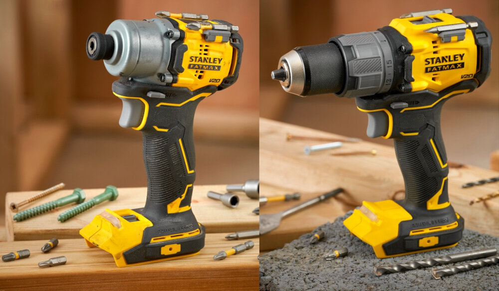 Zestaw elektronarzędzi STANLEY Fatmax SFMCK211D2T-QW dwa zdjęcia w jednym zakrętarka i wkrętarka ustawione na podłożu w tle drewniana ściana wsparcie w pracy wszechstronne zastosowanie zestaw narzędzi