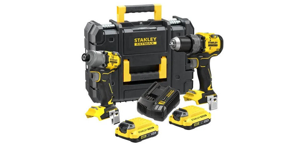 Zestaw elektronarzędzi STANLEY Fatmax SFMCK211D2T-QW zestaw na białym tle w zestawie wiertarko-wkrętarka zakrętarka dwa akumulatory ładowarka walizka PRO-STACK dokumentacja