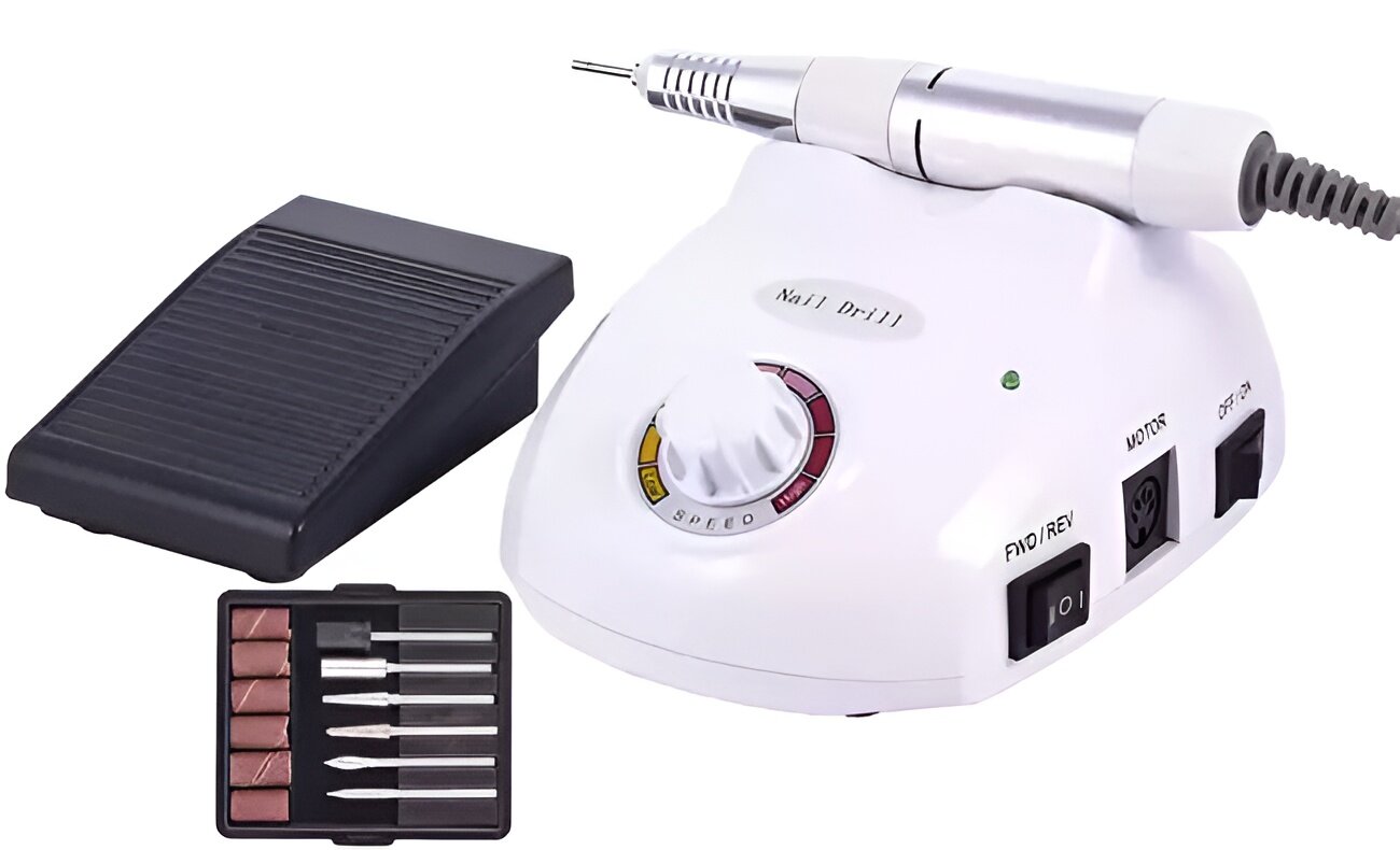 Frezarka do paznokci NAIL DRILL DM-998 Biały pedał nożny sterowanie frezarką włączanie wyłączanie płynna praca precyzja