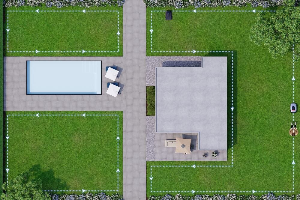 Robot koszący DREAME A1 Pro wizualizacja podziału trawnika na strefy obsługa 2 niezależnych map przedogródek ogródek dwa niezależne obszary