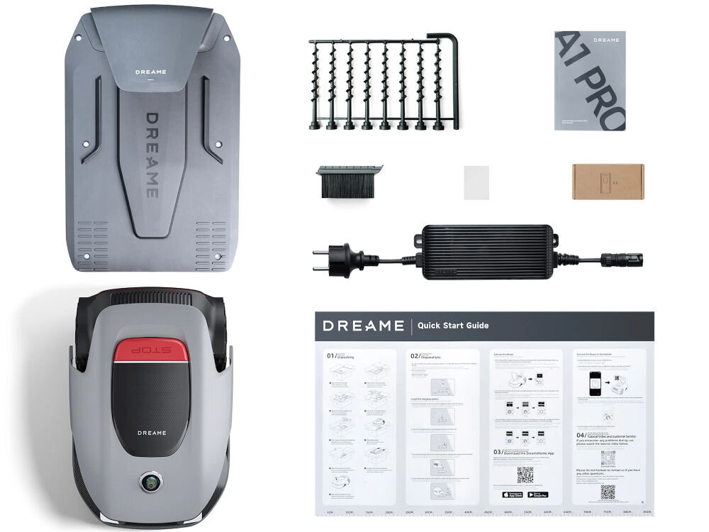 Robot koszący DREAME A1 Pro stacja ładująca szczotka czyszcząca śruby klucz sześciokątny zasilacz niestrzępiąca się ściereczka podręcznik użytkownika skrócona instrukcja obsługi zestawy noży zamiennych elementy zestawu
