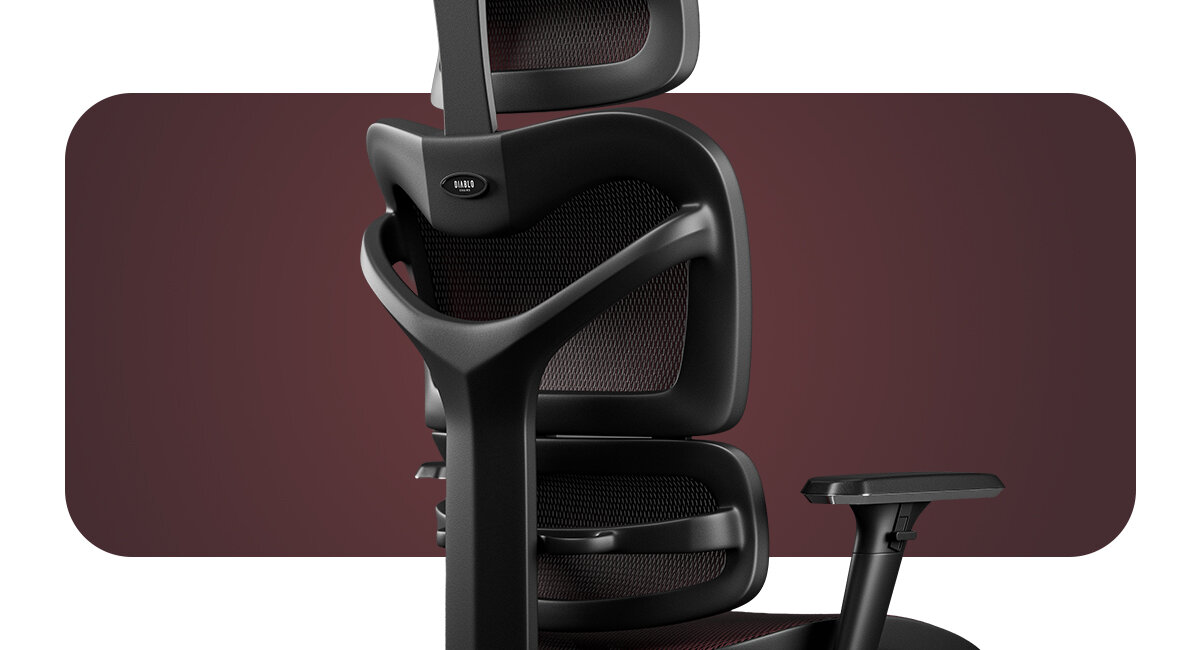 Fotel DIABLO CHAIRS V-Commander wsparcie dla każdego odcinka kręgosłupa Konstrukcja BACKREST+ część lędźwiową wyprofilowany zagłówek szyję - tył krzesła