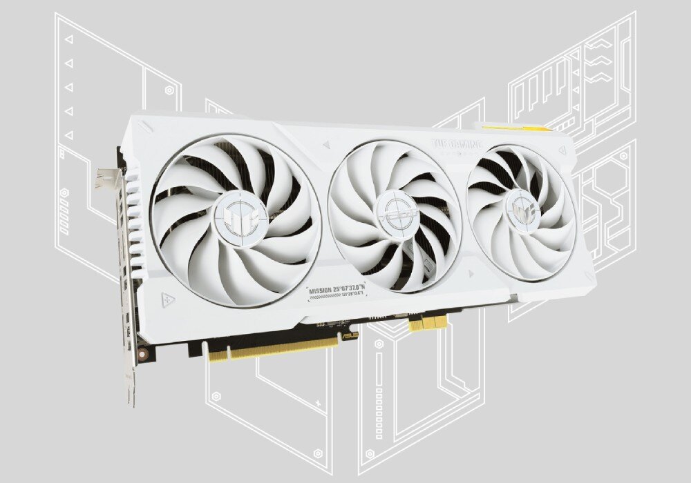 Karta graficzna ASUS GeForce RTX 4070 Ti Super TUF Gaming BTF White OC 16GB Biała karta graficzna z trzema wentylatorami i złotym złączem PCIe, widok z lewej strony i od góry na neutralnym tle z technicznym rysunkiem w tle, opis
