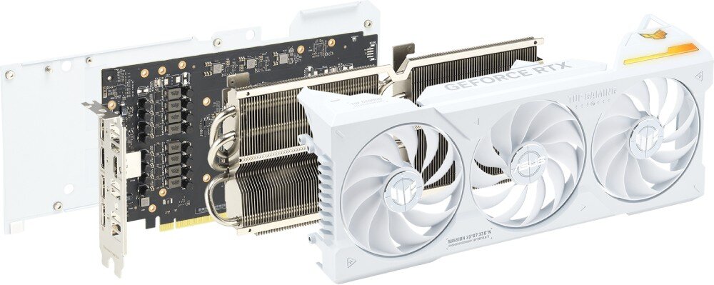Karta graficzna ASUS GeForce RTX 4070 Ti Super TUF Gaming BTF White OC 16GB Rozłożona karta graficzna z widoczną obudową, radiatorem, płytką PCB i zestawem wentylatorów, przedstawiona w formie eksplodowanego widoku, wentylatory, chłodzenie