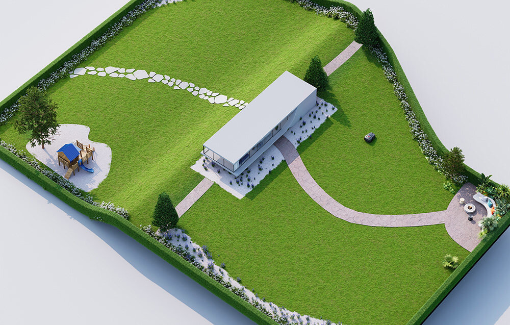 Robot koszący DREAME Mova 600 ogród dom widok z góry podział na dwie strefy koszenia funkcja Dual-Map zarządzanie dwiema oddzielnymi przestrzeniami inne parametry koszenia dla większych posesji dla działek wielozadaniowych