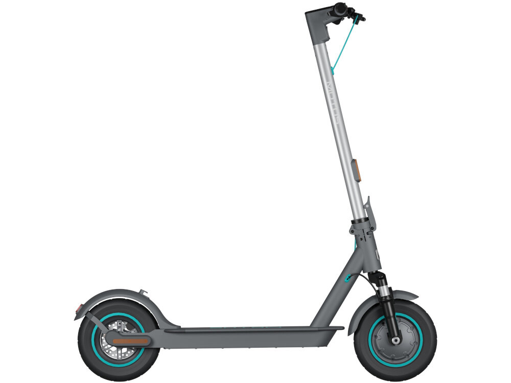 Hulajnoga elektryczna MOTUS Scooty 10 Lite Gen 6 30km 350W Amortyzacja 10 cali Szary hulajnoga widoczna z boku zdjęcie na białym tle wydajna bateria o pojemności 7,8 Ah bateria litowo-jonowa zasięg do 30 km czas ładowania około 3-4 godzin wskaźnik zużycia baterii