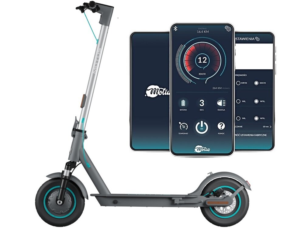 Hulajnoga elektryczna MOTUS Scooty 10 Lite Gen 6 30km 350W Amortyzacja 10 cali Szary hulajnoga widoczna z boku obok telefon w trzech ujęcia z włączoną aplikacją zdjęcie na białym tle wbudowany moduł Bluetooth aplikacja mobilna Motus monitorowanie historii swoich przejazdów sprawdzanie informacji funkcja nawigacji monitorowanie trasy ustawienie tempomatu włączenia/wyłączenia świateł wyłączenie sprzęt po skończonej podróży na systemy Android i iOS