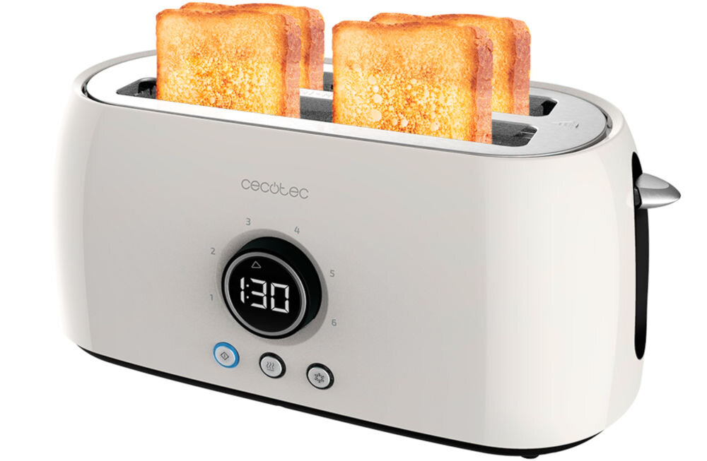 Toster CECOTEC ClassicToast 15000 Extra Double Beżowy funkcjonalny cyfrowy wyświetlacz informacja o wybranym poziomie opiekania czas pozostały do przygotowywania tostów wygodna kontrola dopasowanie stopnia przypieczenia komfortowe precyzyjne przygotowywanie śniadania