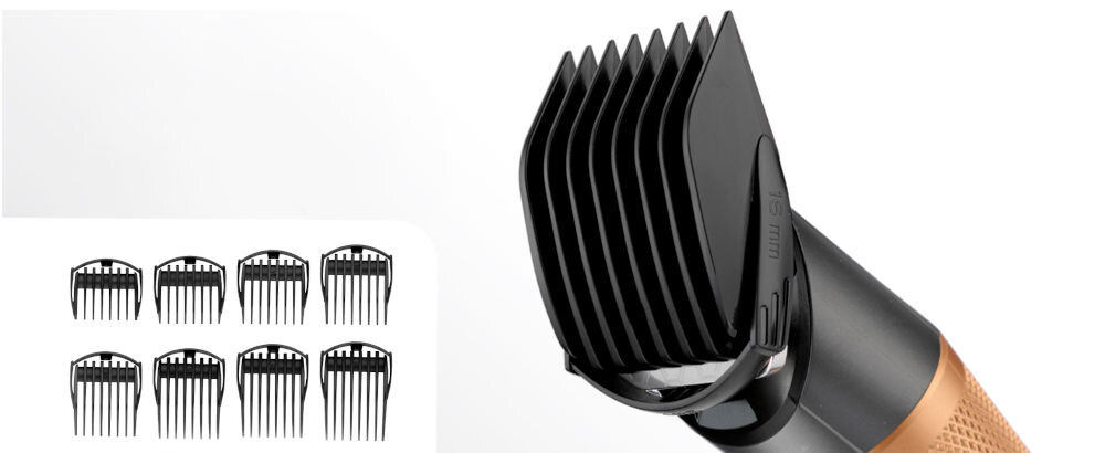 Strzyżarka BABYLISS E987E bezprzewodowa 8 nakładek 1-8 mm 8 wymiennych nasadek grzebieniowych clink-on od 1 do 8 mm swobodne dopasowanie ciecia dostosowanie wyglądu fryzury 5 ustawień ostrza precyzyjna regulacja idealne przejścia cieniowanie