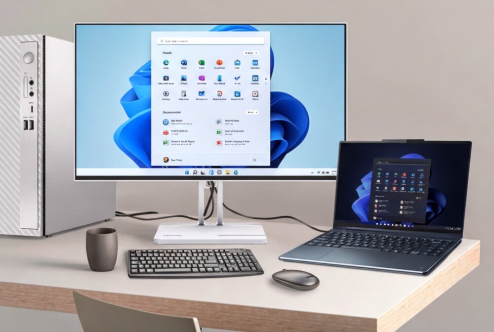 Na biurku znajduje się monitor z wyświetlonym menu systemu operacyjnego, obok stoi laptop z podobnym ekranem. Obok monitora znajduje się klawiatura, myszka i kubek, a w tle widoczna jest obudowa komputera stacjonarnego.