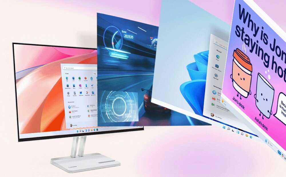 Monitor wyświetla różne ekrany, w tym interfejs systemu operacyjnego, grę wyścigową oraz grafikę z napisem \'Why is Jon\'s desk staying hot?\'. Monitor ma cienkie ramki i srebrną podstawę.