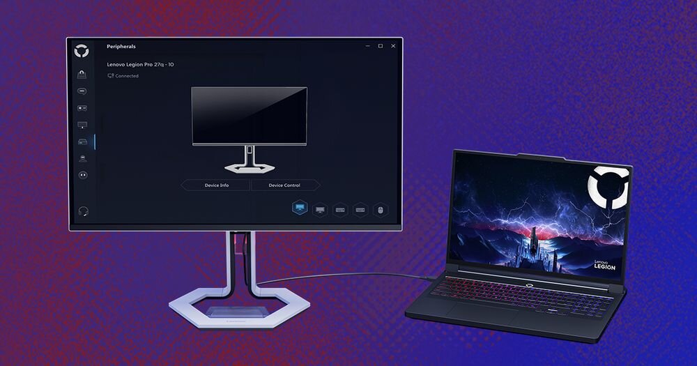 Monitor LENOVO Legion Pro 27Q-10 26.5 cala 2560x1440px 280Hz 0.03 ms [GTG] monitor z włączonym oknem oprogramowania połączony z laptopem kablem fioletowe tło z gradientem
					oprogramowanie Legion Space wsparcie tworzenia spójnego środowiska