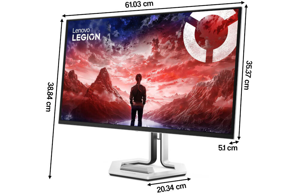 Monitor LENOVO Legion Pro 27Q-10 26.5 cala 2560x1440px 280Hz 0.03 ms [GTG] prezentacja monitora na białym tle przód pod kątem z wymiarami waga wymiary szeroki obraz solidność konstrukcji