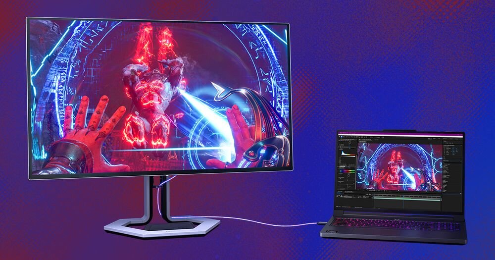 Monitor LENOVO Legion Pro 27Q-10 26.5 cala 2560x1440px 280Hz 0.03 ms [GTG] monitor z włączonym oprogramwoaniem graficznym połączony z laptopem kablem fioletowe tło z gradientem szeroki zakres regulacji