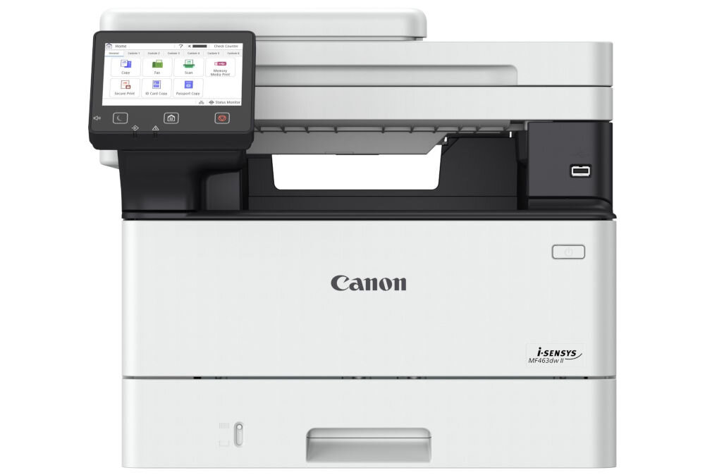 Urządzenie wielofunkcyjne CANON i-SENSYS MF463dw II, Automatyczny druk dwustronny, Wi-Fi prezentacja urządzenia od przodu na białym tle przeznaczenie cechy zalety