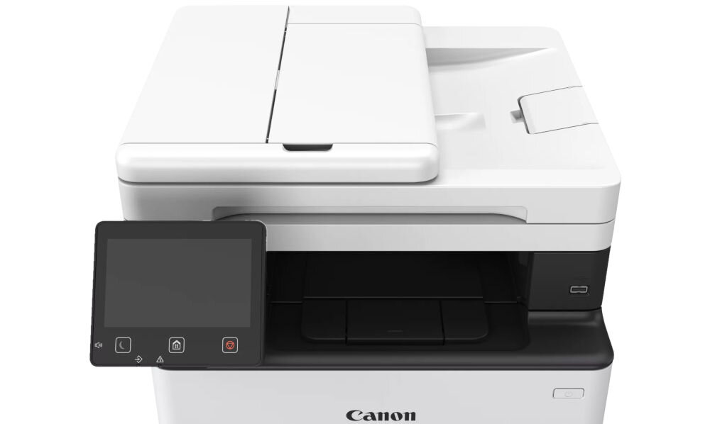 Urządzenie wielofunkcyjne CANON i-SENSYS MF463dw II, Automatyczny druk dwustronny, Wi-Fi zbliżenie na ekran i tacę białe tło bezpieczeństwo, zabezpieczenia, przyciski, ekran