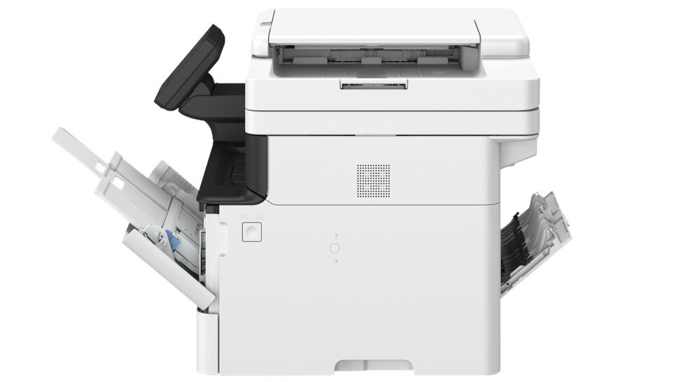 Urządzenie wielofunkcyjne CANON i-SENSYS MF463dw II, Automatyczny druk dwustronny, Wi-Fi prezentacja rozłożonego urządzenia od boku na białym tle wielkość, wymiary, podajnik, taca odbiorcza, porty, Wi-Fi