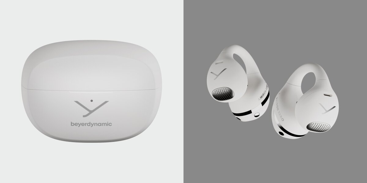 Słuchawki powietrzne BEYERDYNAMIC Amiron Zero - Dźwięk, który towarzyszy, clip-on, Open-Ear, słuchawki z etui ładującym na jasnym tle