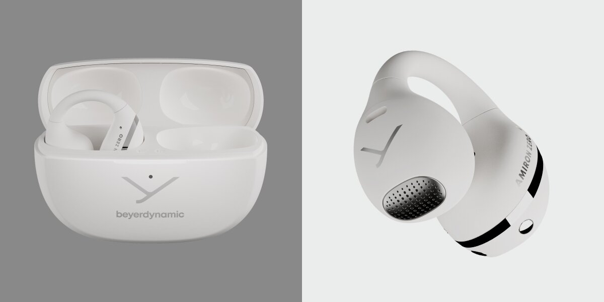 Słuchawki powietrzne BEYERDYNAMIC Amiron Zero - Naturalne brzmienie, 12-milimetrowy przetwornik dynamiczny, Open-Ear, słuchawki z etui ładującym na jasnym tle