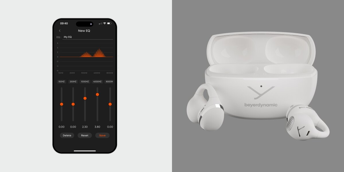 Słuchawki powietrzne BEYERDYNAMIC Amiron Zero - Dopasowany dźwięk, aplikacja, 5-pasmowy korektor EQ, monitorowanie poziomu baterii, słuchawki z etui ładującym oraz smartfonem na jasnym tle