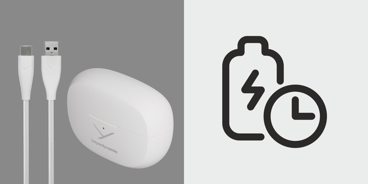 Słuchawki powietrzne BEYERDYNAMIC Amiron Zero - Długi czas działania, USB-C, IP54, etui ładujące z kablem USB na szarym tle