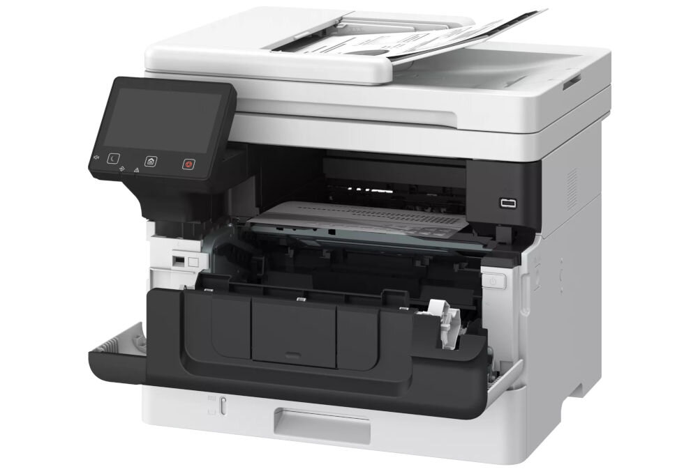 Urządzenie wielofunkcyjne CANON i-SENSYS MF465dw II, Automatyczny druk dwustronny, Wi-Fi Urządzenie z otwartym mechanizmem na białym tle pod kątem prędkość druku, druk dwustronny, funkcje kopiowania